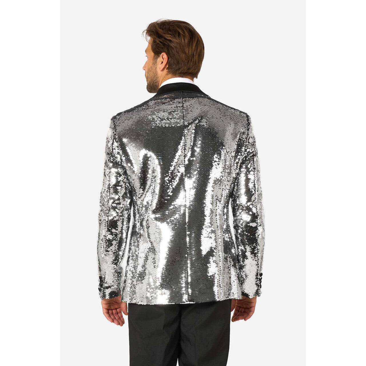 Op deze afbeelding zie je een Kostuums, van het merk Opposuits. Shiny Silver Sequins Man