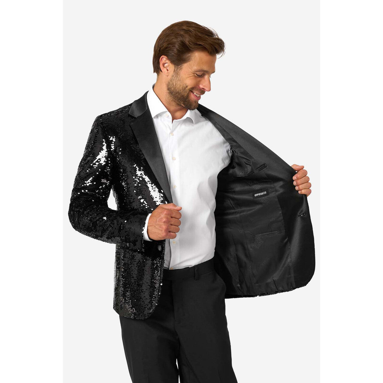 Op deze afbeelding zie je een Kostuums, van het merk Opposuits. Briliant Black Sequins Man