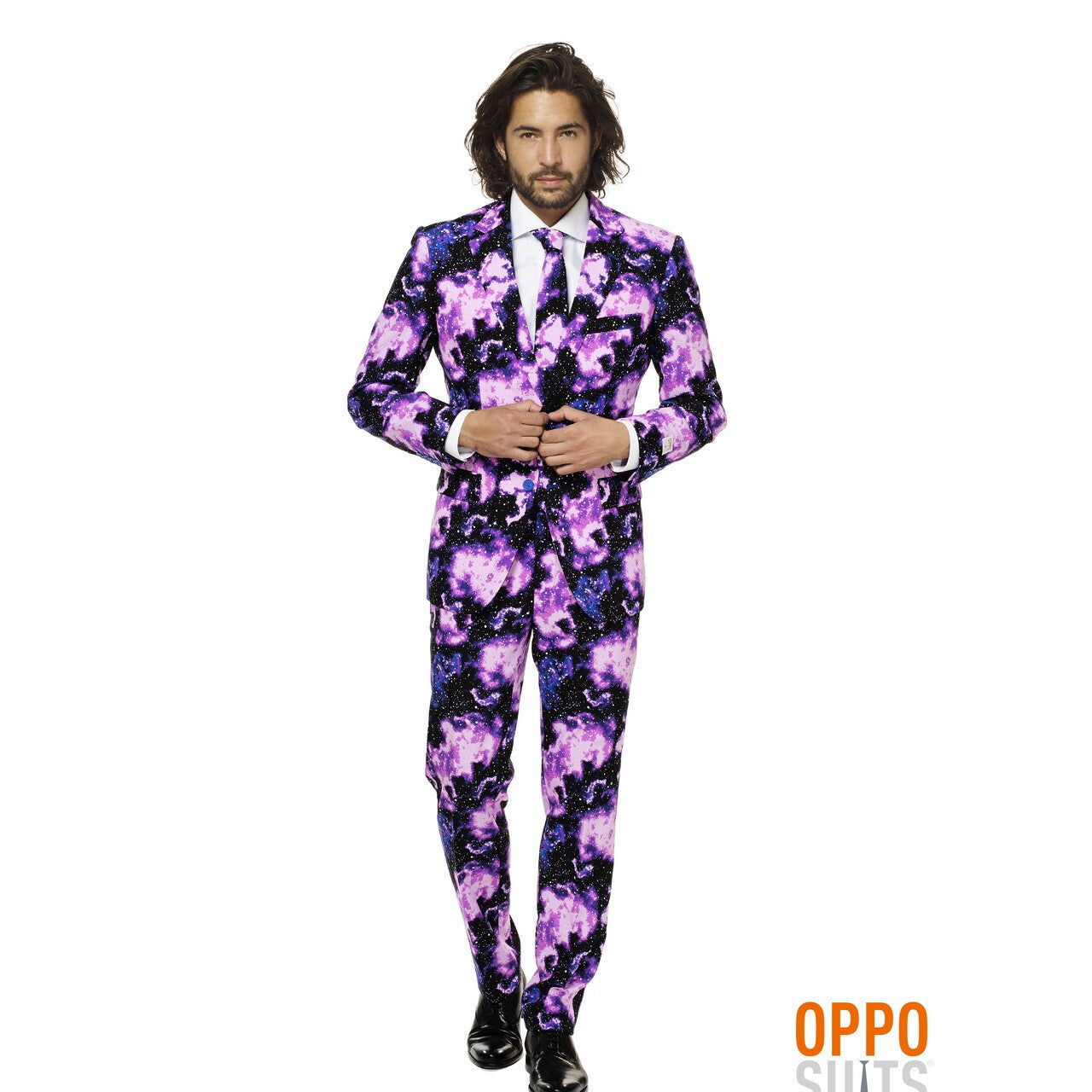 Op deze afbeelding zie je een Kostuums, van het merk Opposuits. Melkweg Galaxy Guy Opposuit Man Kostuum