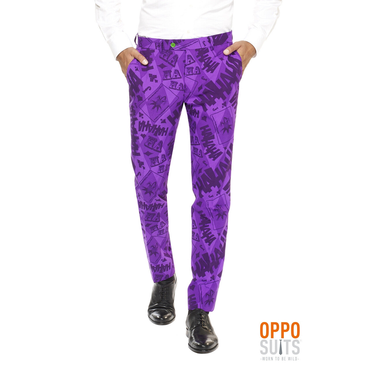 Op deze afbeelding zie je een Kostuums, van het merk Opposuits. Batman Joker™ Strip Lach Kostuum