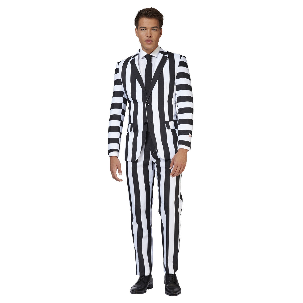 Op deze afbeelding zie je een Kostuums, van het merk Opposuits. Zwart Wit Gestreepte Beetlejuice Art Opposuit Man Kostuum