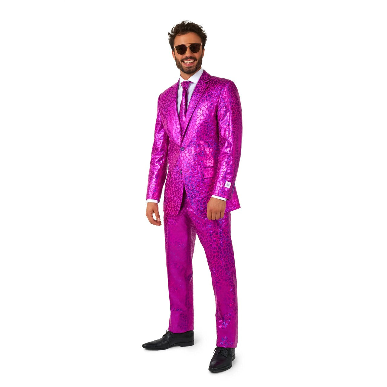 Op deze afbeelding zie je een Kostuums, van het merk Opposuits. Peppy Pink Slangen Print Man Kostuum