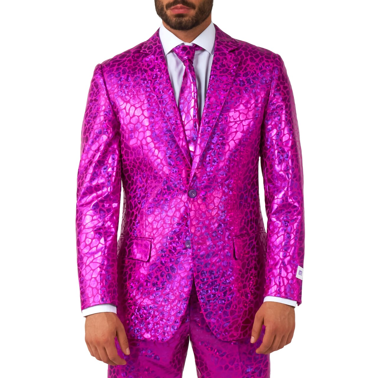 Op deze afbeelding zie je een Kostuums, van het merk Opposuits. Peppy Pink Slangen Print Man Kostuum