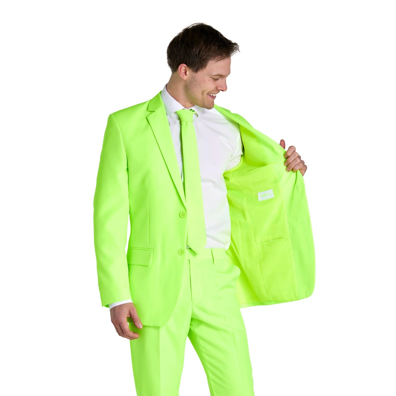 Op deze afbeelding zie je een Kostuums, van het merk Opposuits. Neon Lucky Lime Lucas Man Kostuum