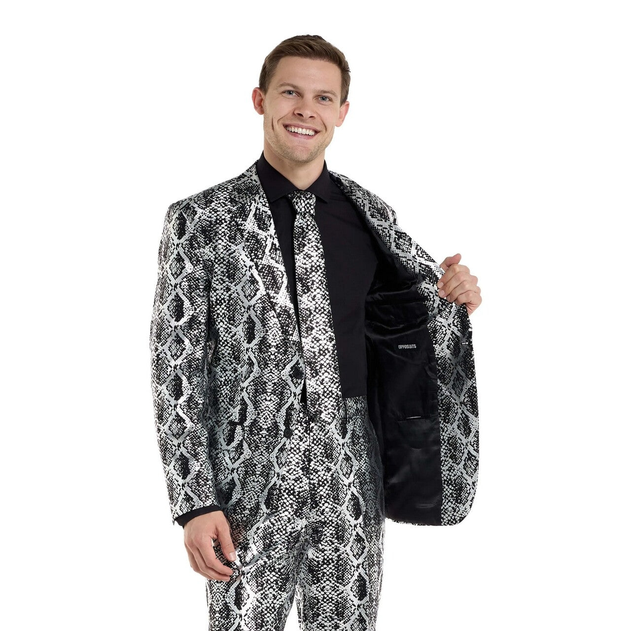 Op deze afbeelding zie je een Kostuums, van het merk Opposuits. Silver Snake Chique Man Kostuum