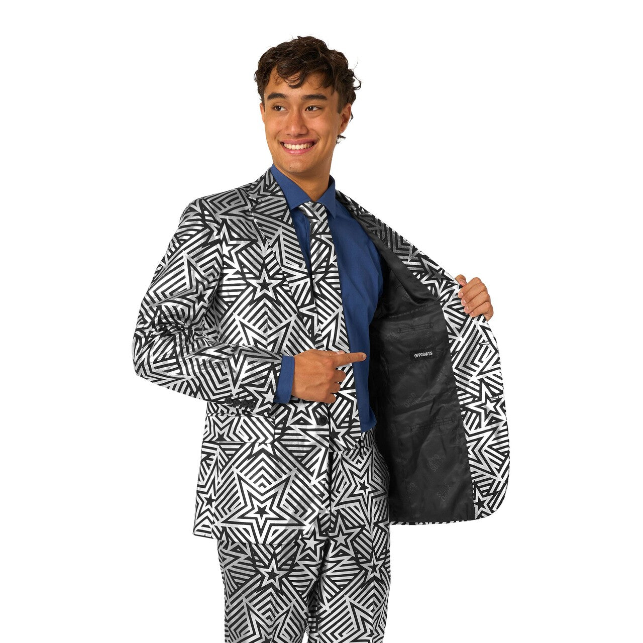 Op deze afbeelding zie je een Kostuums, van het merk Opposuits. Silver Geo Star Man Kostuum