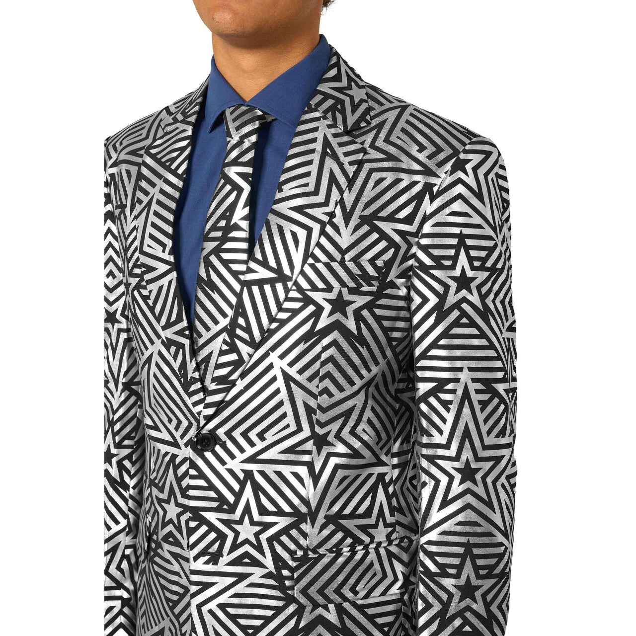 Op deze afbeelding zie je een Kostuums, van het merk Opposuits. Silver Geo Star Man Kostuum