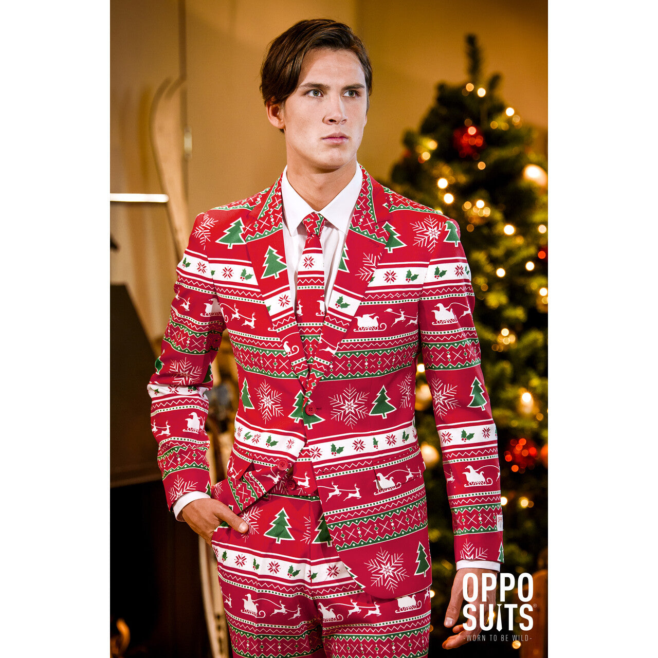 Op deze afbeelding zie je een Kostuums, van het merk Opposuits. Lekker Foute Rood Winter Wonderland Kerst Opposuit Man Kostuum