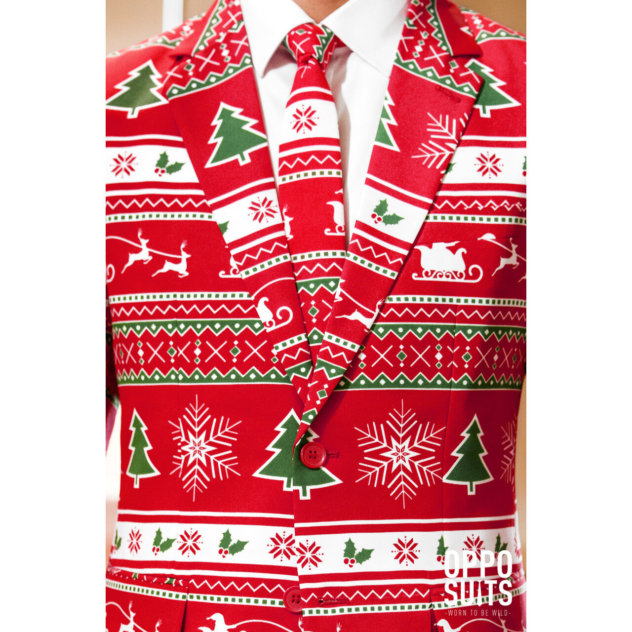 Op deze afbeelding zie je een Kostuums, van het merk Opposuits. Lekker Foute Rood Winter Wonderland Kerst Opposuit Man Kostuum