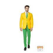 Op deze afbeelding zie je een Kostuums, van het merk Opposuits. Flashy Green And Gold Opposuit Man Kostuum