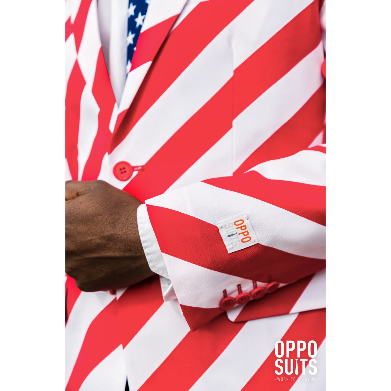 Op deze afbeelding zie je een Kostuums, van het merk Opposuits. USA United Stripes Opposuit Man Kostuum