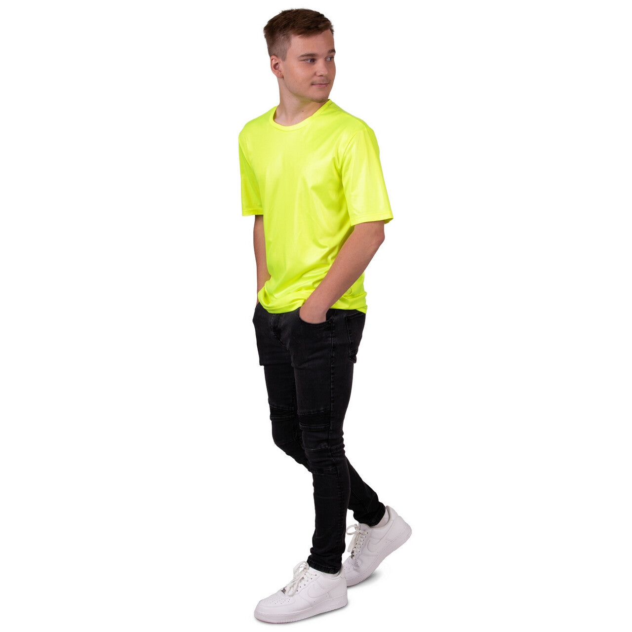 Op deze afbeelding zie je een Kostuums, van het merk PartyXplosion. Levi Disco Neon Geel Man