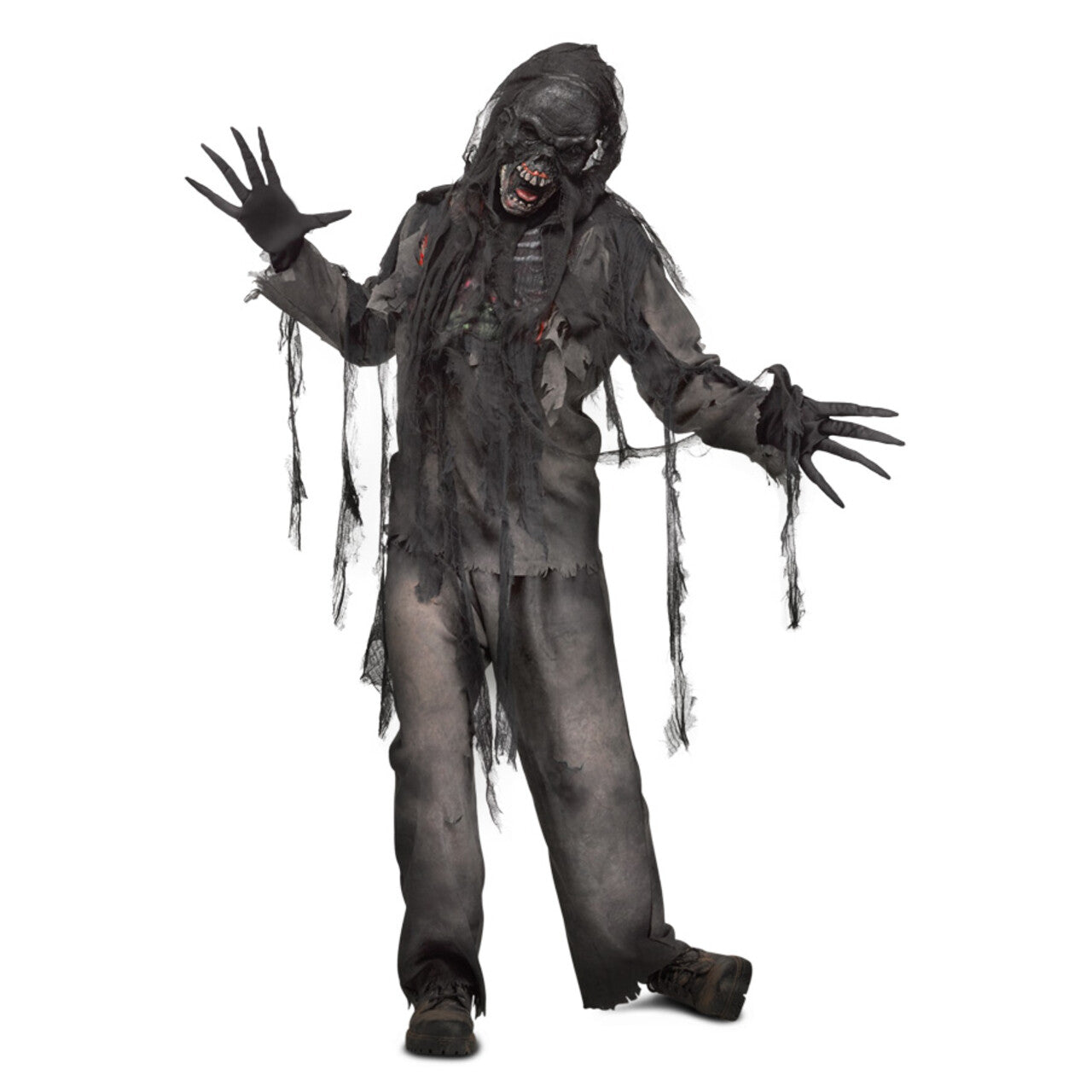 Op deze afbeelding zie je een Kostuums, van het merk PartyXplosion. Afgefakkelde Zombie Broek, T-Shirt, Handschoenen, Masker Man Kostuum