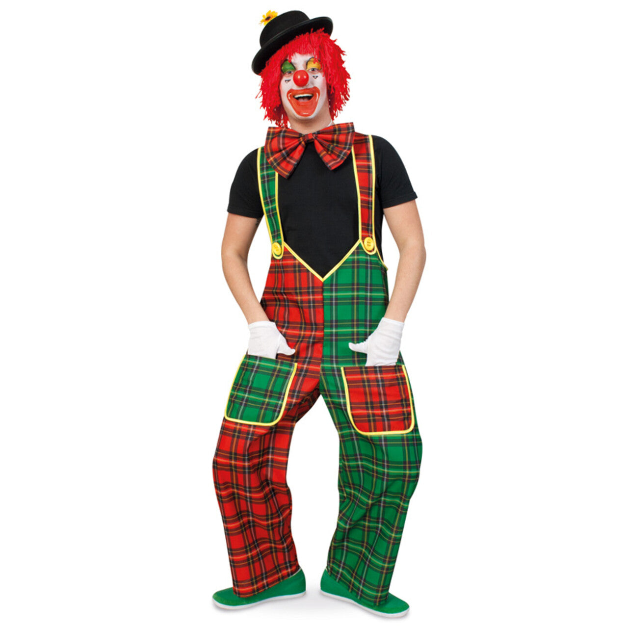 Op deze afbeelding zie je een Kostuums, van het merk PartyXplosion. Groen Rode Ruitjes Tuinbroek Met Strik Clown Limbo Man Kostuum