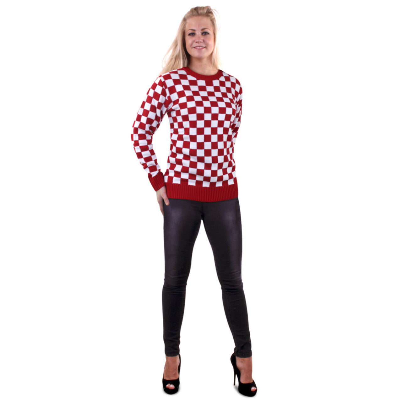 Op deze afbeelding zie je een Accessoires, van het merk PartyXplosion. Gebreide Sweater Rood Wit Geblokt Brabant