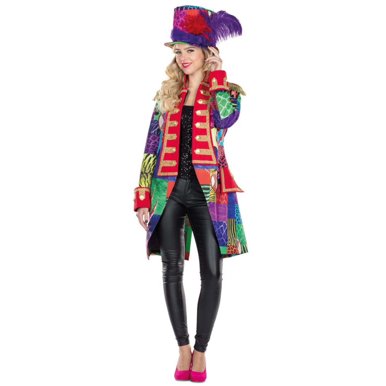 Op deze afbeelding zie je een Kostuums, van het merk PartyXplosion. Patchwork Jas Dompteur Afrika Vrouw