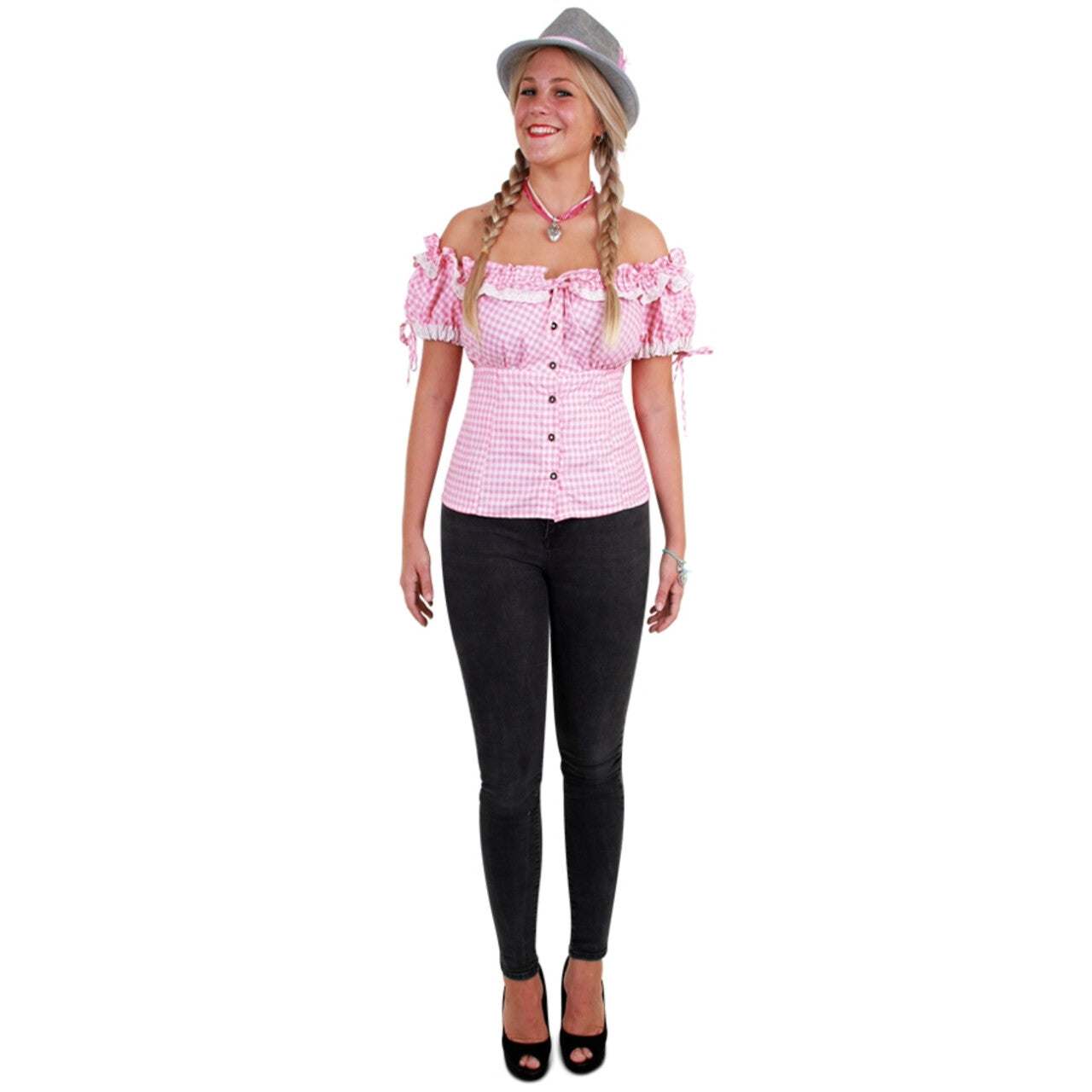 Op deze afbeelding zie je een Kostuums, van het merk PartyXplosion. Tiroler Blouse Helga Roze Wit Geblokt Vrouw