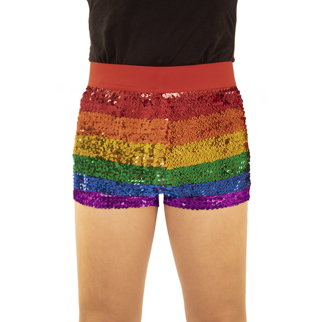 Op deze afbeelding zie je een Kostuums, van het merk PartyXplosion. Hotpants Glitter Regenboog Hanne Vrouw