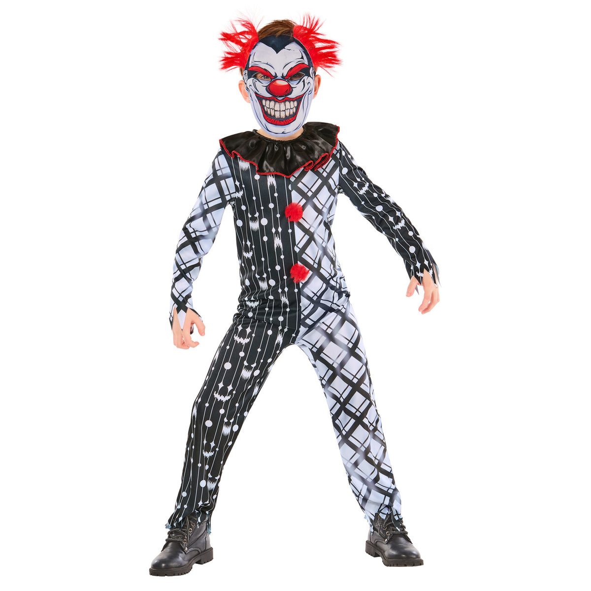 Op deze afbeelding zie je een Kostuums, van het merk Rubies. Monochrome Sinister Clown Jongen Kostuum