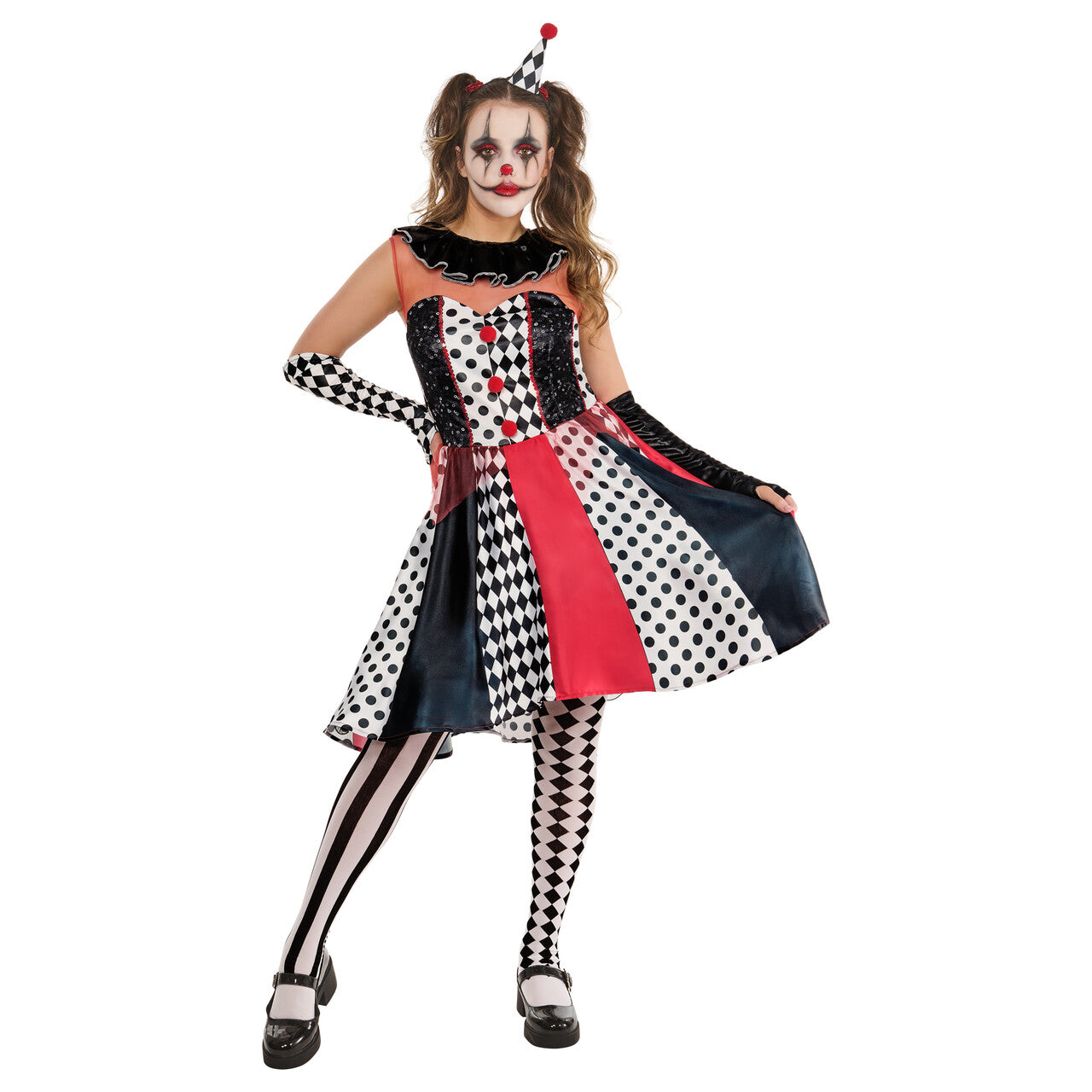 Op deze afbeelding zie je een Kostuums, van het merk Rubies. Monochrome Harlequin Clown Vrouw Kostuum