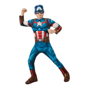 Op deze afbeelding zie je een Kostuums, van het merk Rubies. Superheld Captain America Deluxe Kind Kind Kostuum