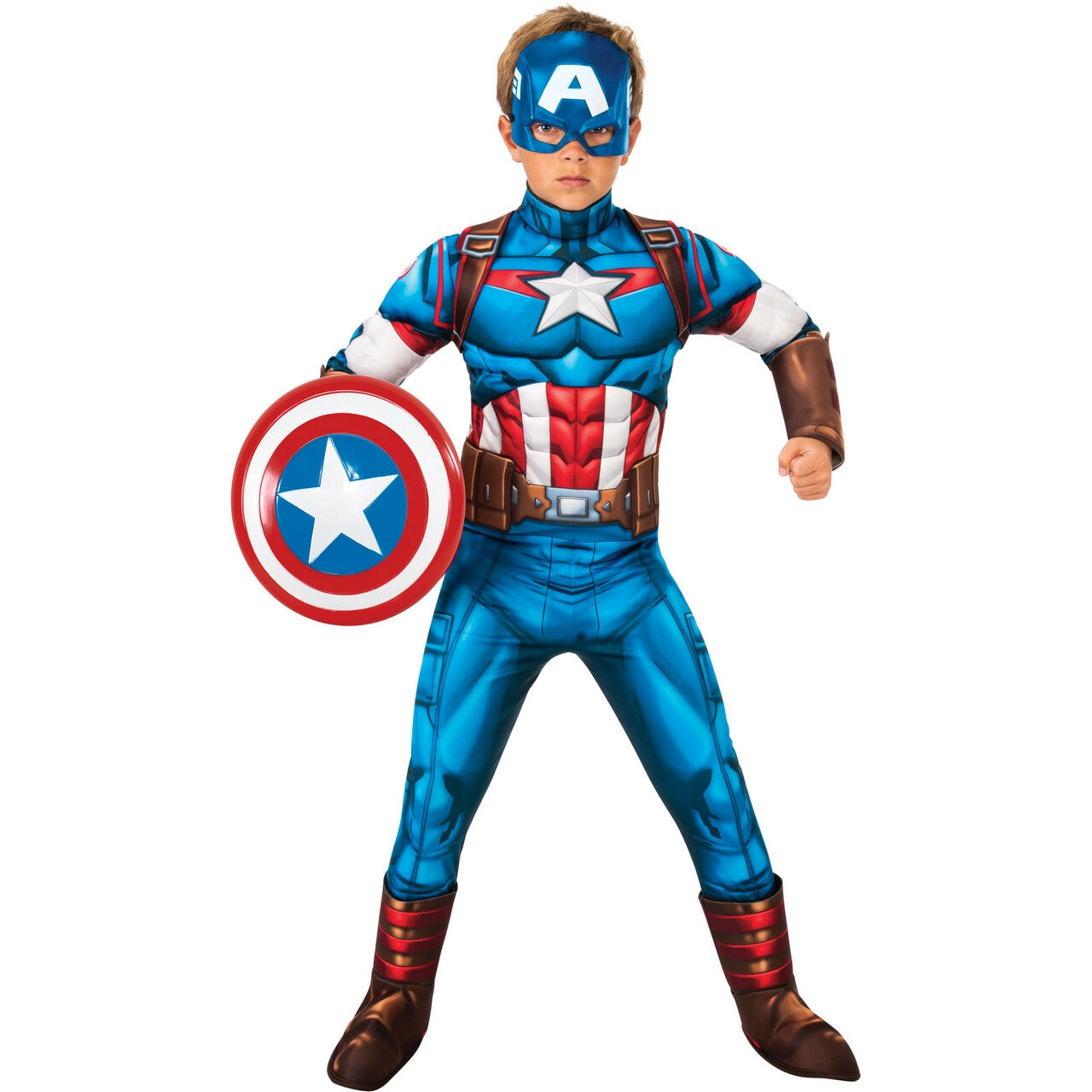 Op deze afbeelding zie je een Kostuums, van het merk Rubies. Nationale Sterheld Captain America Deluxe Kind Kind Kostuum