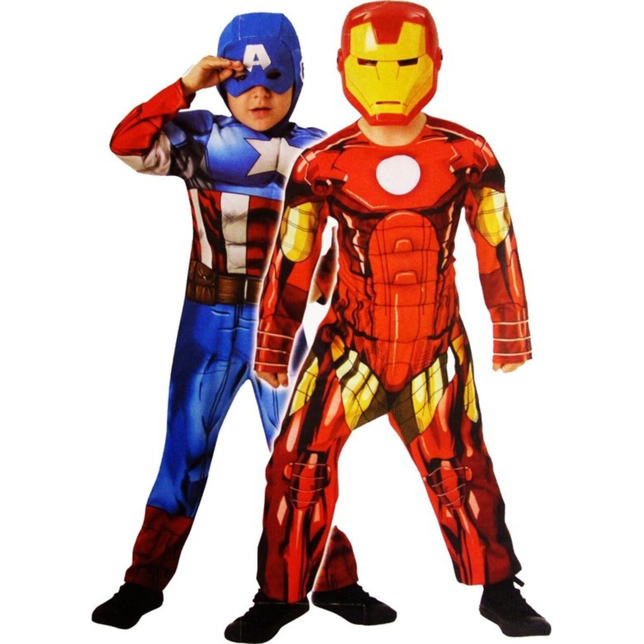 Op deze afbeelding zie je een Kostuums, van het merk Rubies. Omkeerbare Deluxe Captain America En Iron Man Kind Kostuum