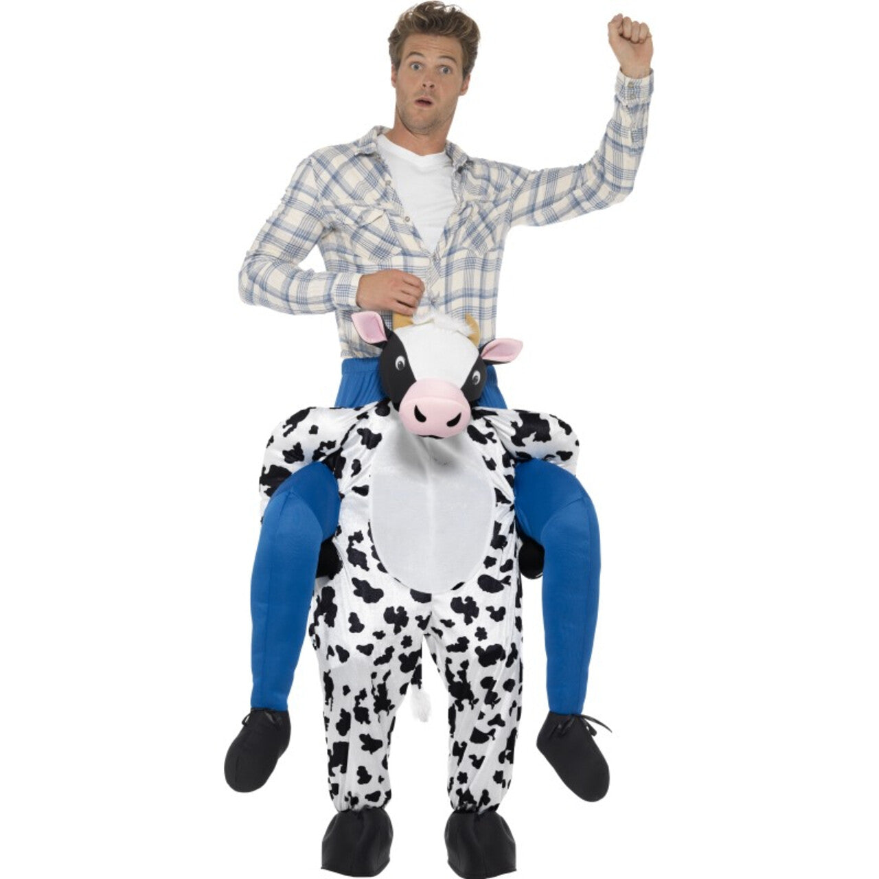 Op deze afbeelding zie je een Kostuums, van het merk Smiffy's. Op De Rug Van Een Bonte Koe Man Kostuum