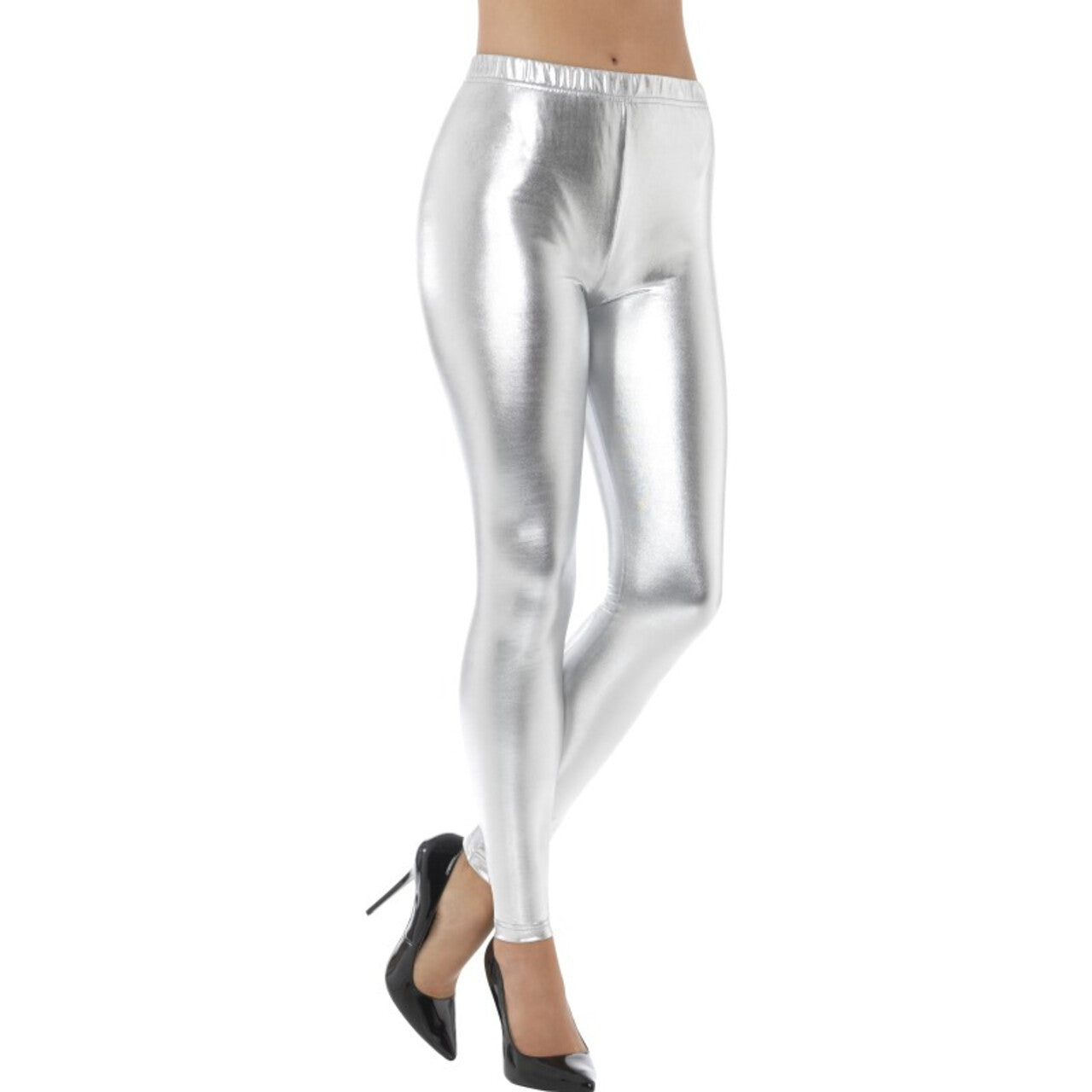 Op deze afbeelding zie je een Kostuums, van het merk Smiffy's. Zilveren Metallic Disco Legging Vrouw