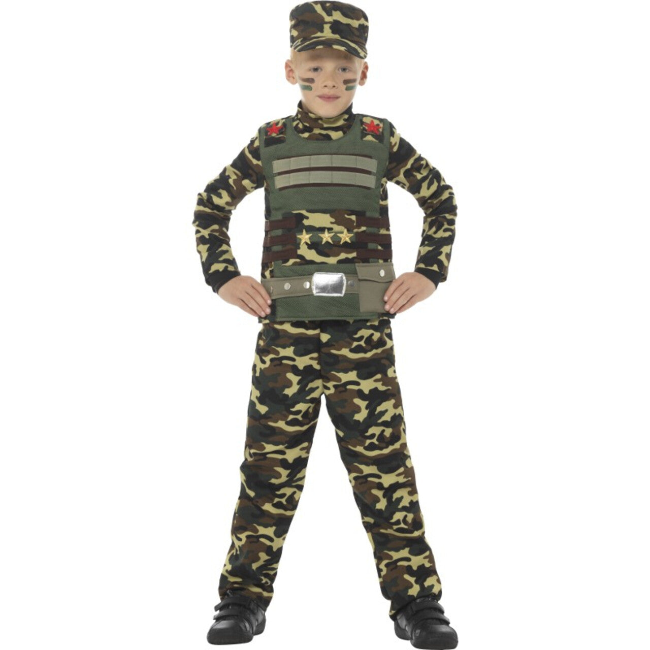 Op deze afbeelding zie je een Kostuums, van het merk Smiffy's. Camouflage Soldaat Tim Jongen Kostuum