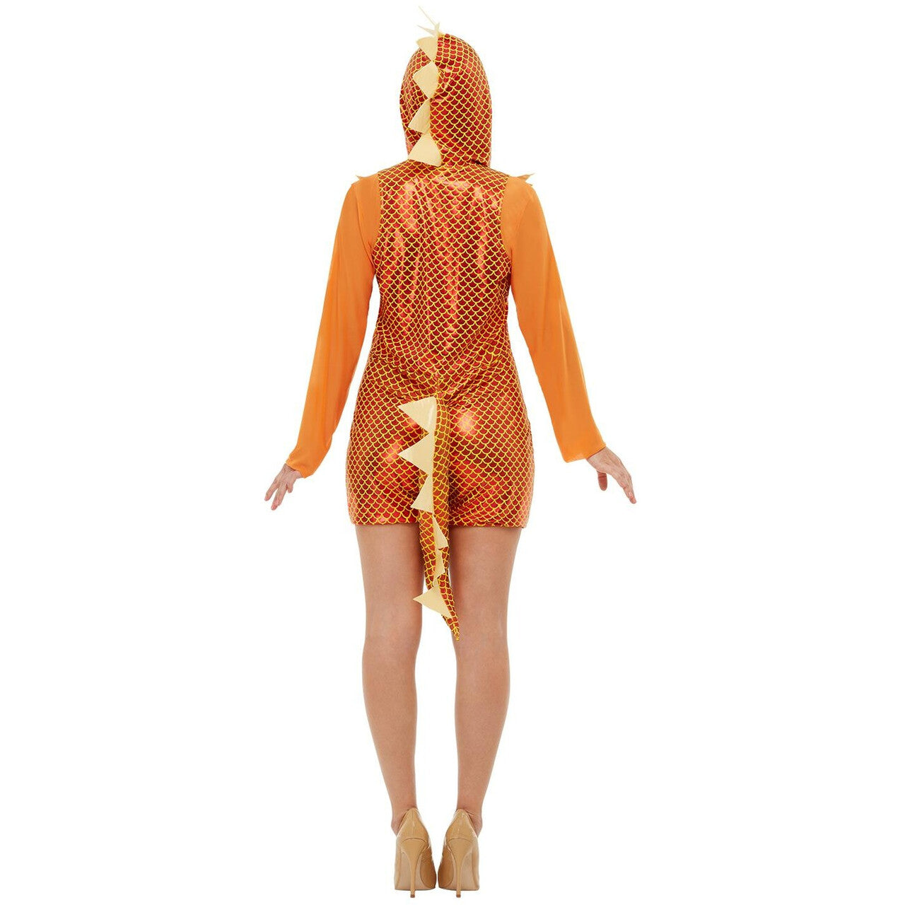 Op deze afbeelding zie je een Kostuums, van het merk Smiffy's. Oranje Glimmende Schubben Draak Met Stekels Vrouw Kostuum