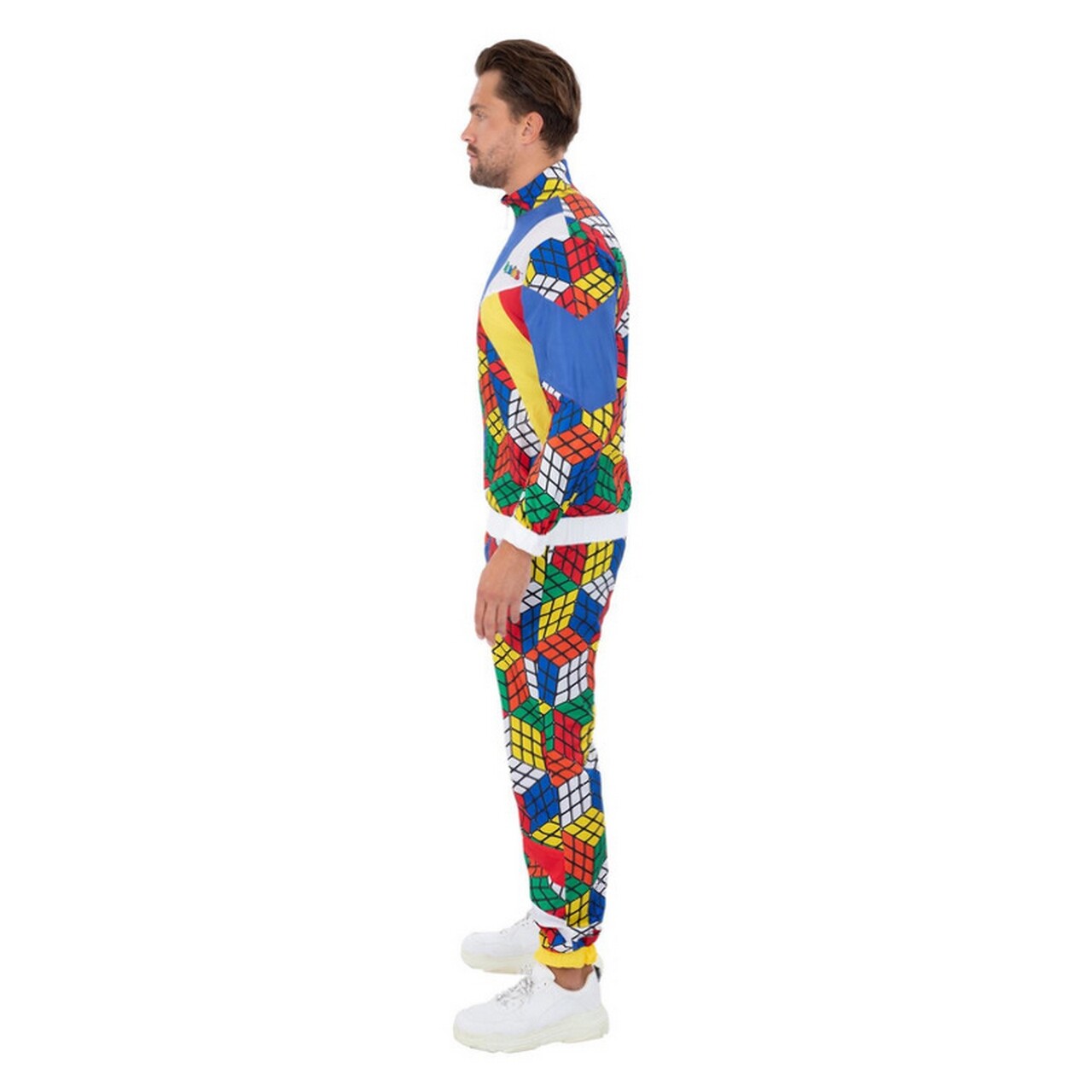Op deze afbeelding zie je een Kostuums, van het merk Smiffy's. Rubiks Cube Trainingspak 80s Man Kostuum