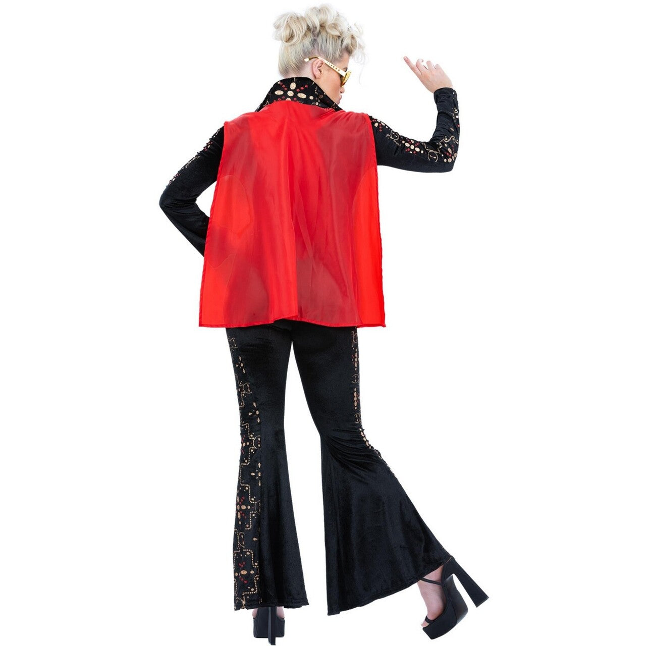 Op deze afbeelding zie je een Kostuums, van het merk Smiffy's. Rockster Elvis Met Cape Vrouw Kostuum
