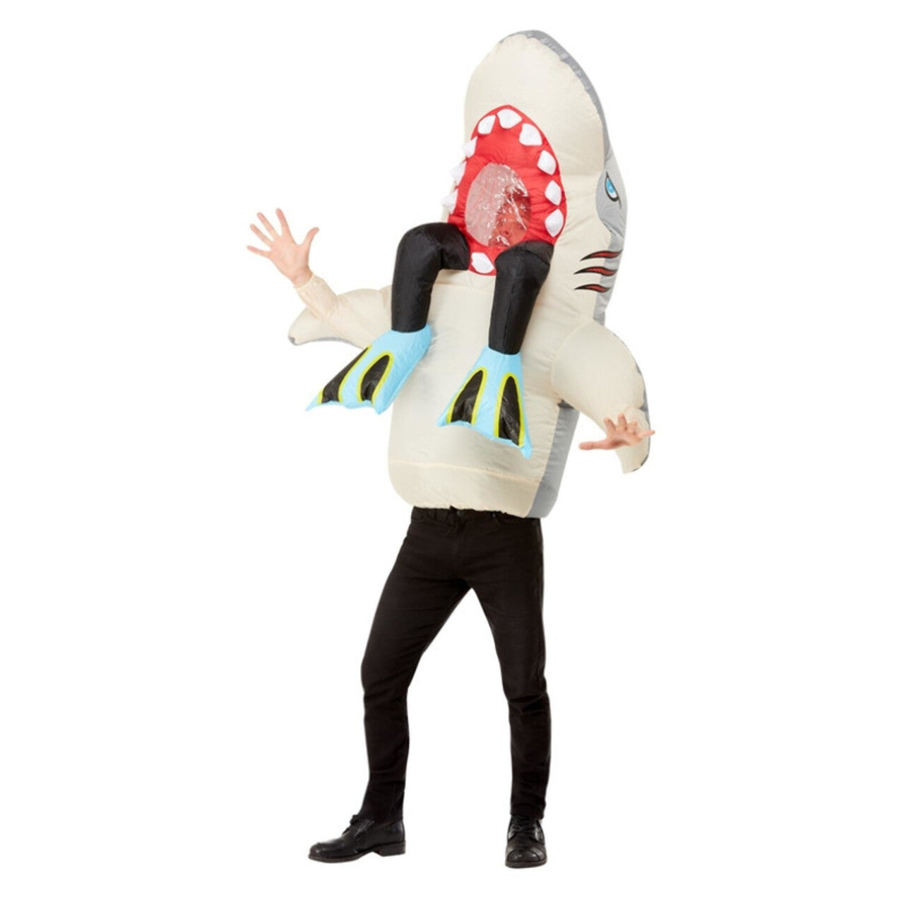 Op deze afbeelding zie je een Kostuums, van het merk Smiffy's. Opblaasbaar Opgeslokt Door Een Haai Man Kostuum