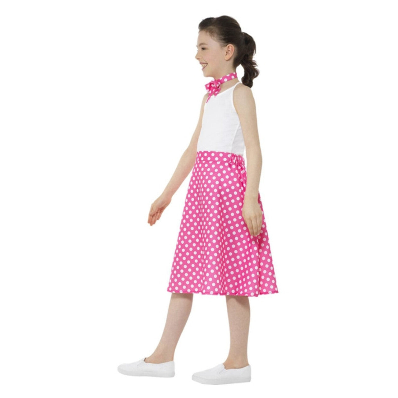 Op deze afbeelding zie je een Kostuums, van het merk Smiffy's. Roze Fleurige Stippen Jaren 50 Kind Polka Dot Meisje Kostuum