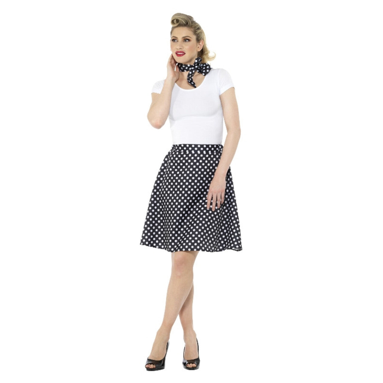 Op deze afbeelding zie je een Kostuums, van het merk Smiffy's. Zwart Witte Stippen Jaren 50 Polka Dot Vrouw Kostuum