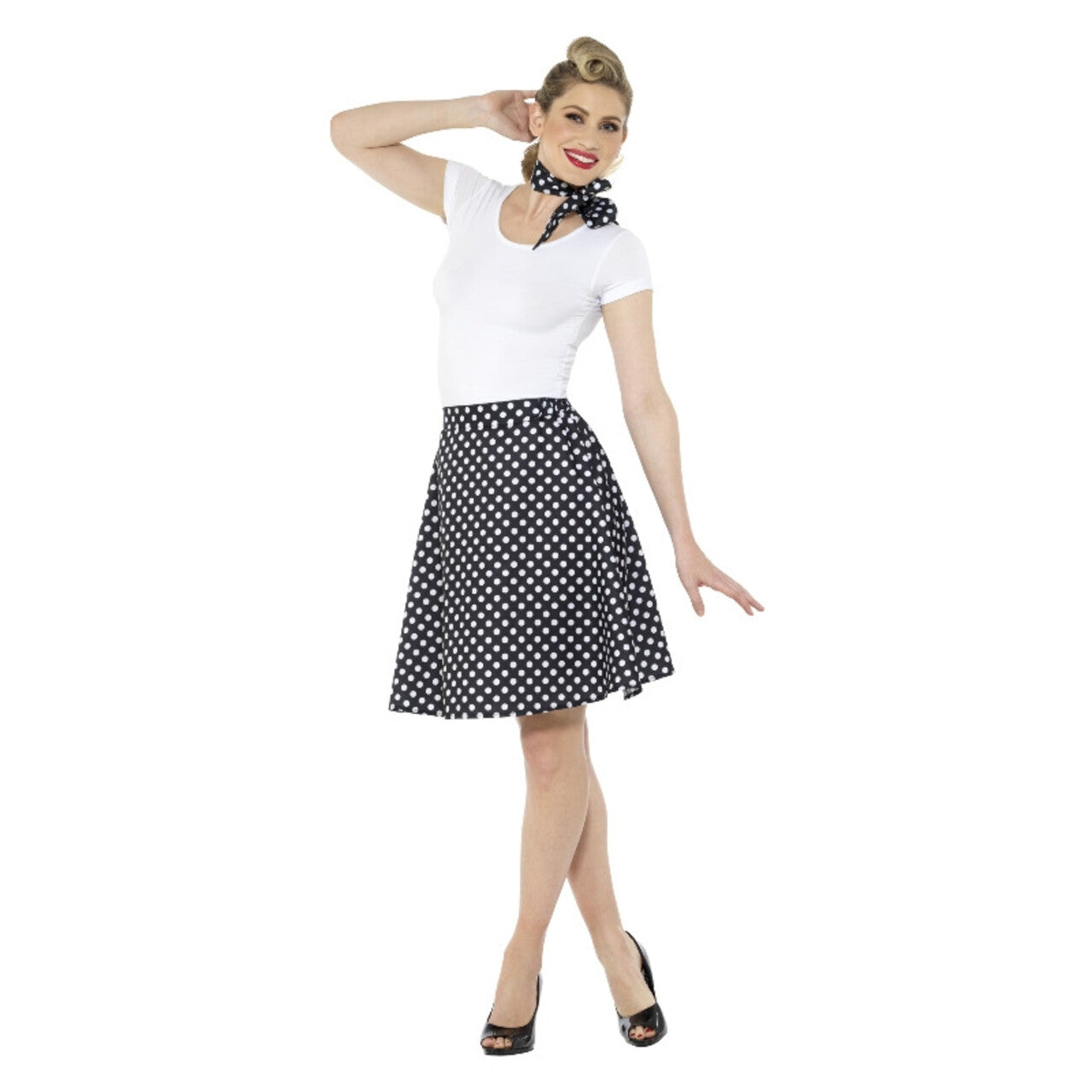 Op deze afbeelding zie je een Kostuums, van het merk Smiffy's. Zwart Witte Stippen Jaren 50 Polka Dot Vrouw Kostuum