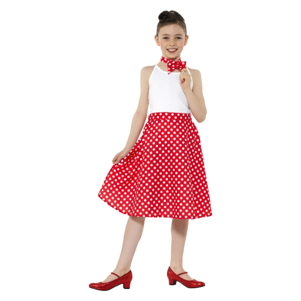 Op deze afbeelding zie je een Kostuums, van het merk Smiffy's. Rode Stippen Jaren 50 Polka Dot Meisje Kostuum