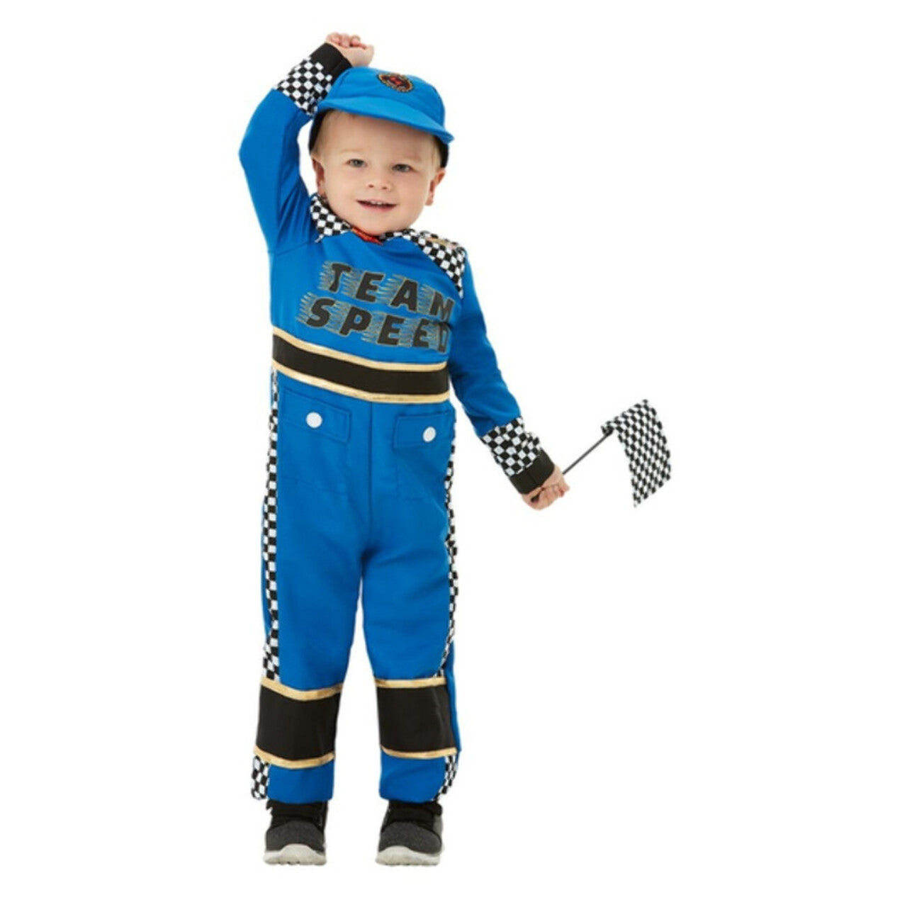 Op deze afbeelding zie je een Kostuums, van het merk Smiffy's. Formule 1 Coureur Snel Over De Finish Jongen Kostuum