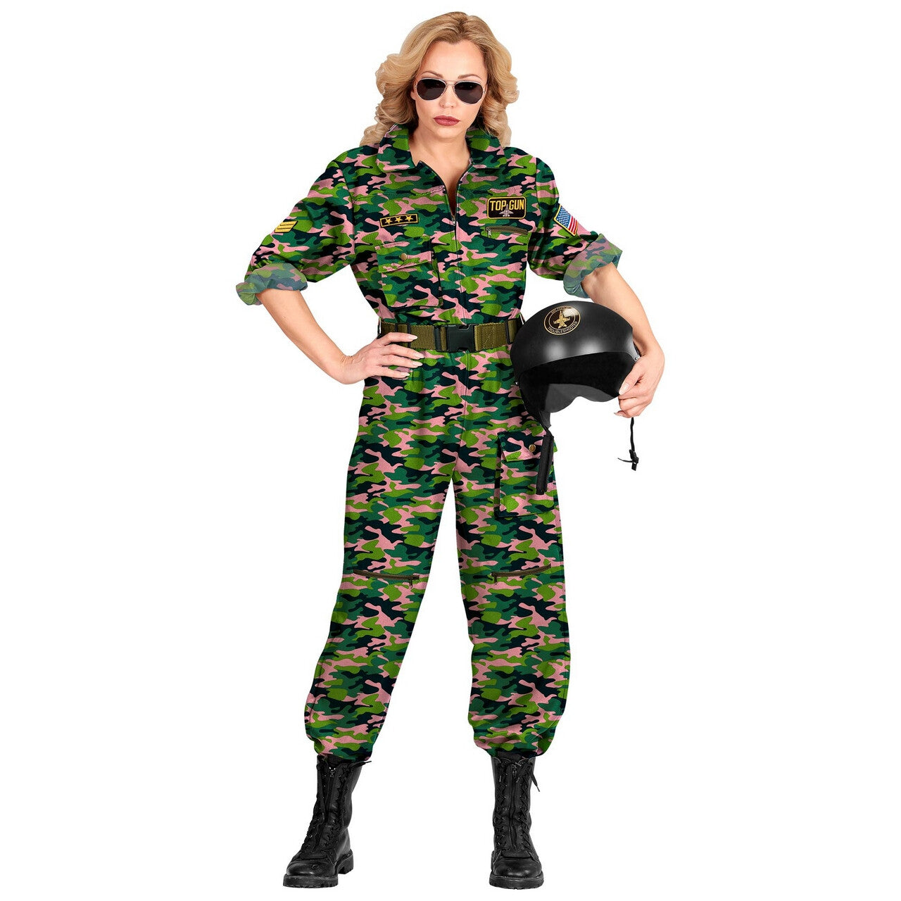 Op deze afbeelding zie je een Kostuums, van het merk Widmann. Straaljagerpiloot Top Gunner Roze Camo Vrouw Kostuum