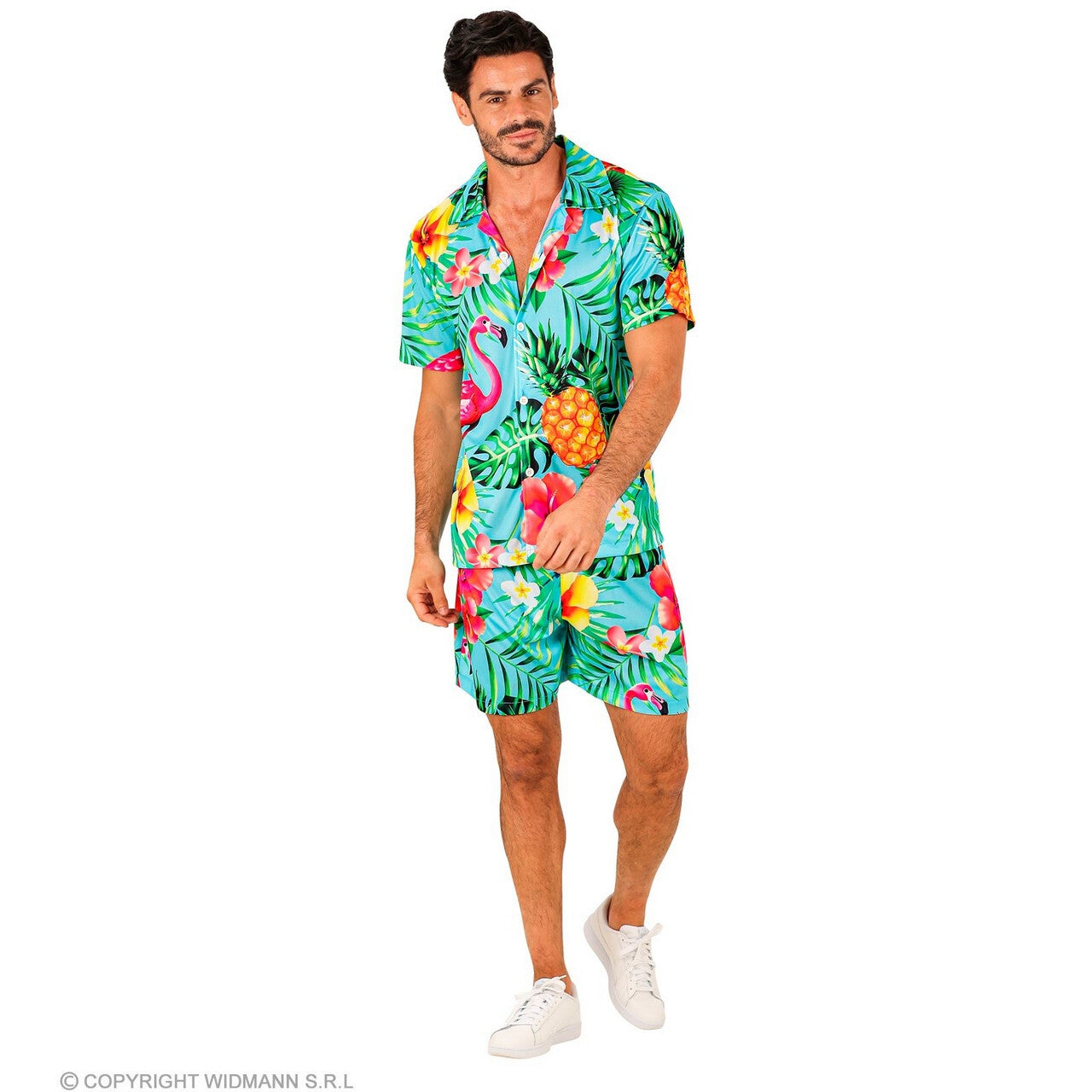 Op deze afbeelding zie je een Kostuums, van het merk Widmann. Zomer Festival Flamingo Trip Man Kostuum