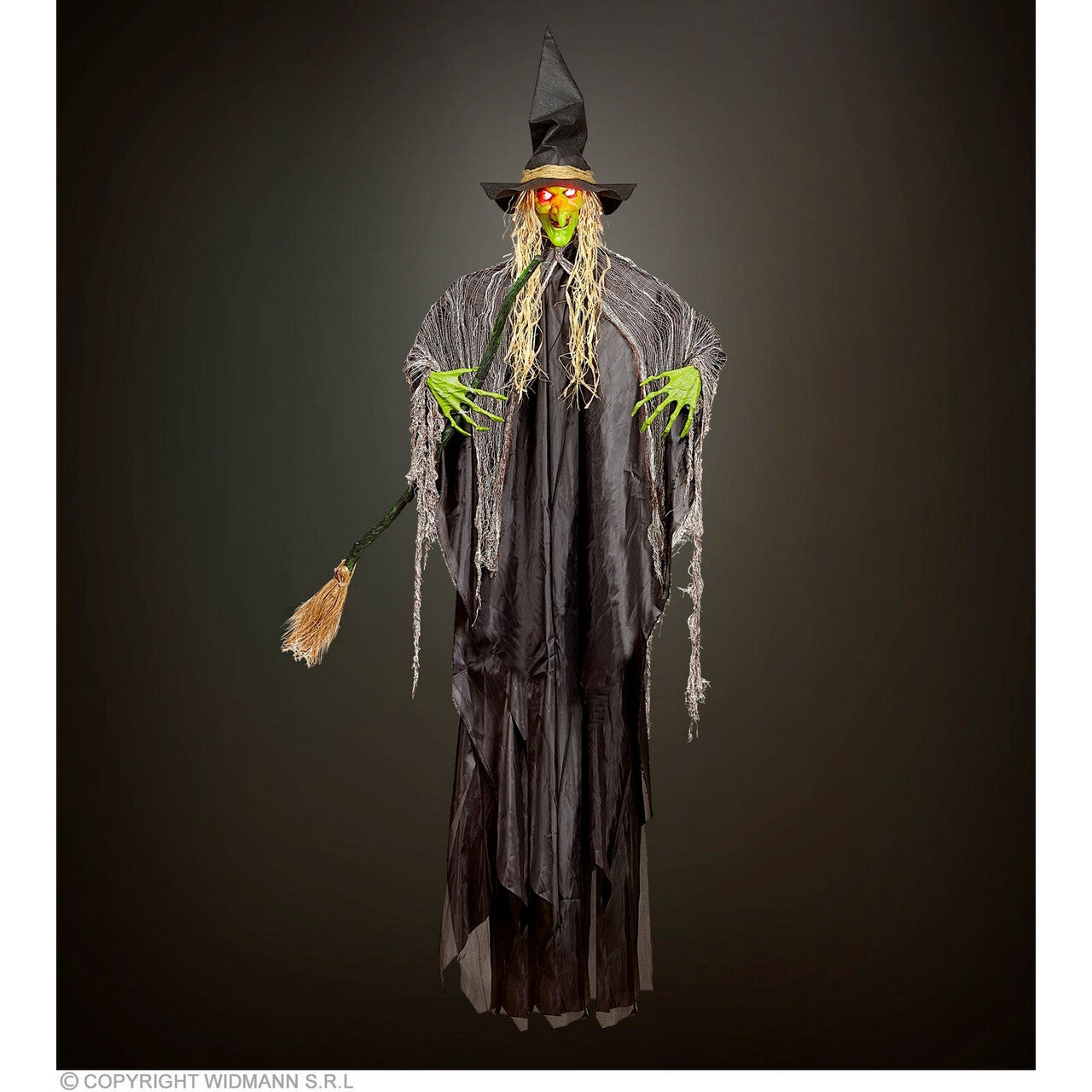 Op deze afbeelding zie je een Decoratie, van het merk Widmann. Green Witch Altijd Op Tijd, 240 Centimeter