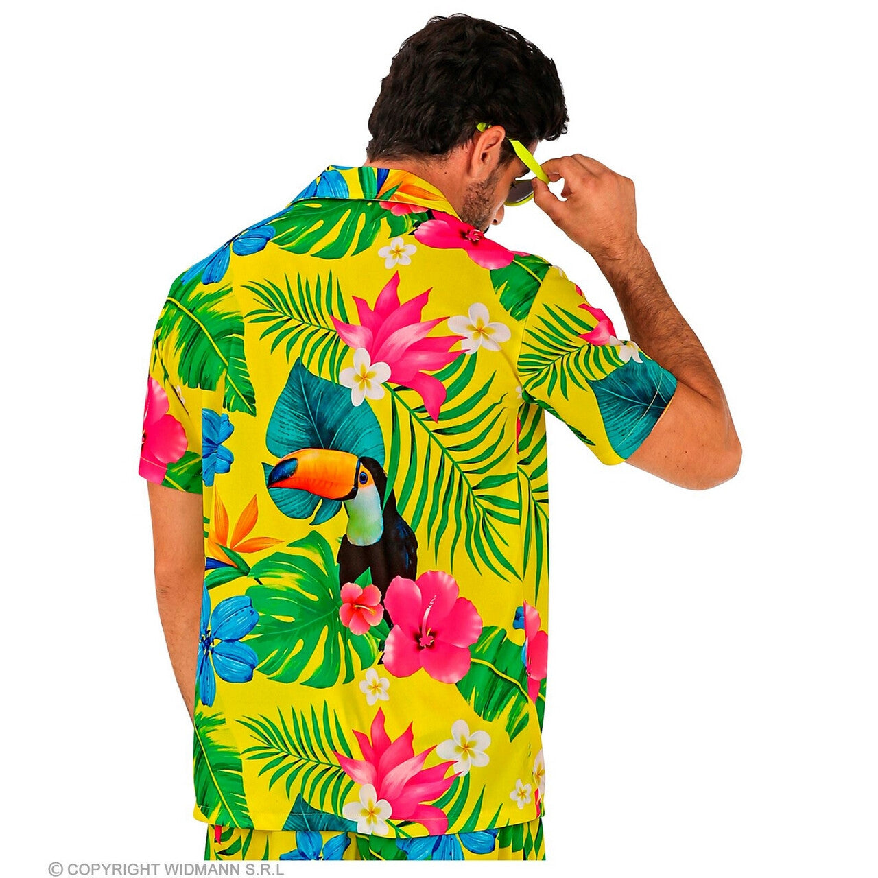 Op deze afbeelding zie je een Kostuums, van het merk Widmann. Tropical Island Beach Flowers Geel Shirt Man