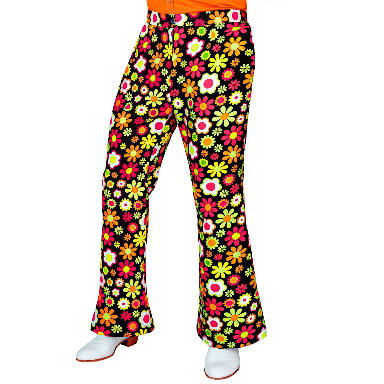 Op deze afbeelding zie je een Kostuums, van het merk Widmann. Super 60s Flower Dance Wijde Pijpen Broek Man