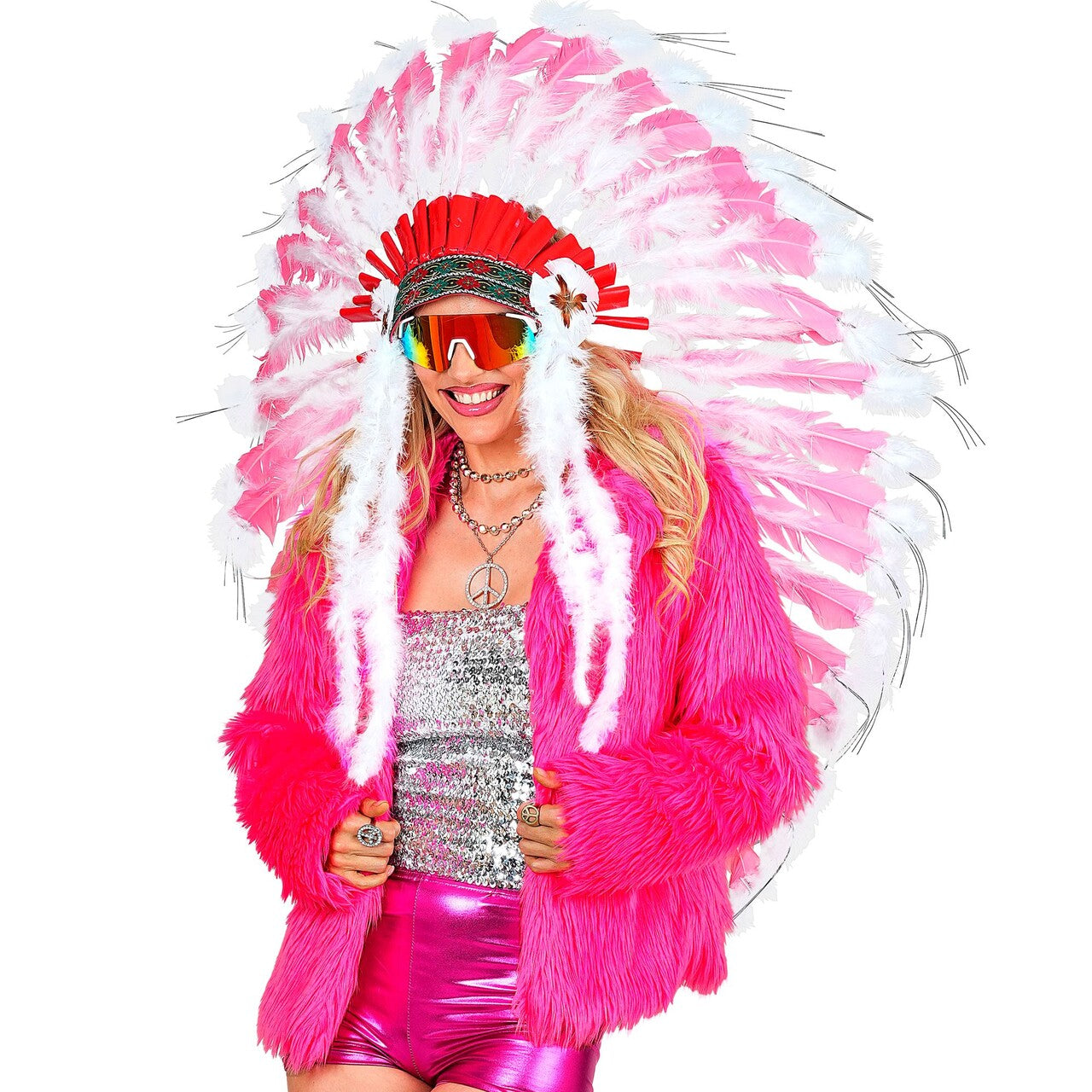 Op deze afbeelding zie je een Kostuums, van het merk Widmann. Neon Bontjas Priscilla Pink Vrouw
