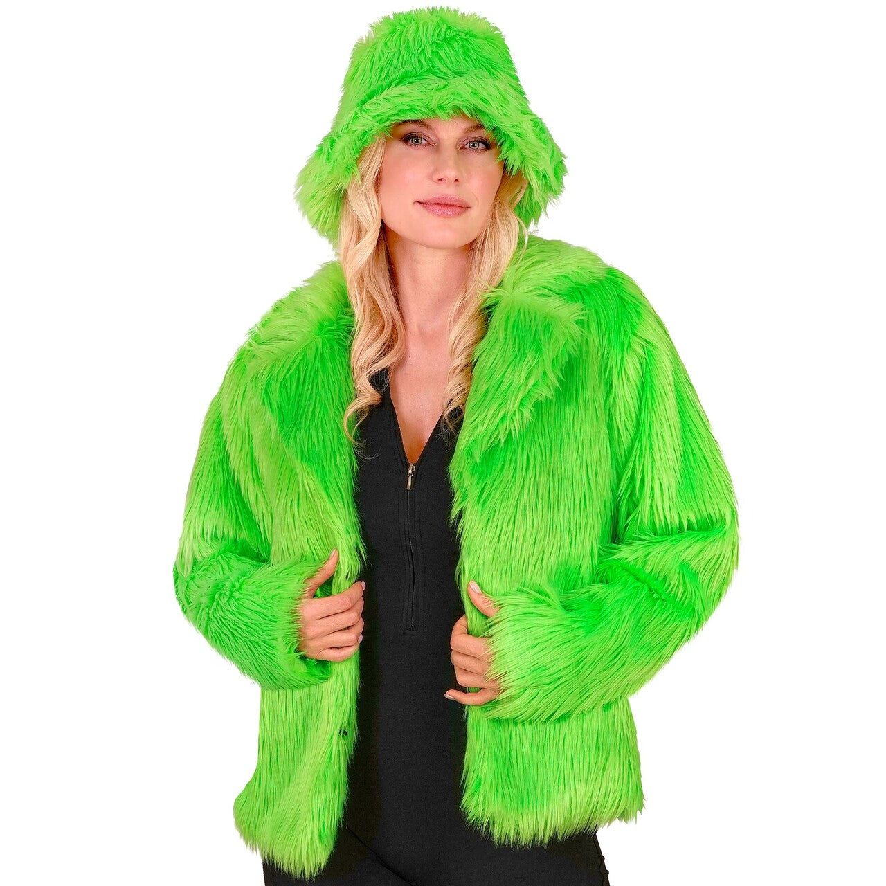 Op deze afbeelding zie je een Kostuums, van het merk Widmann. Neon Groene Bontjas Kikkergroen Vrouw