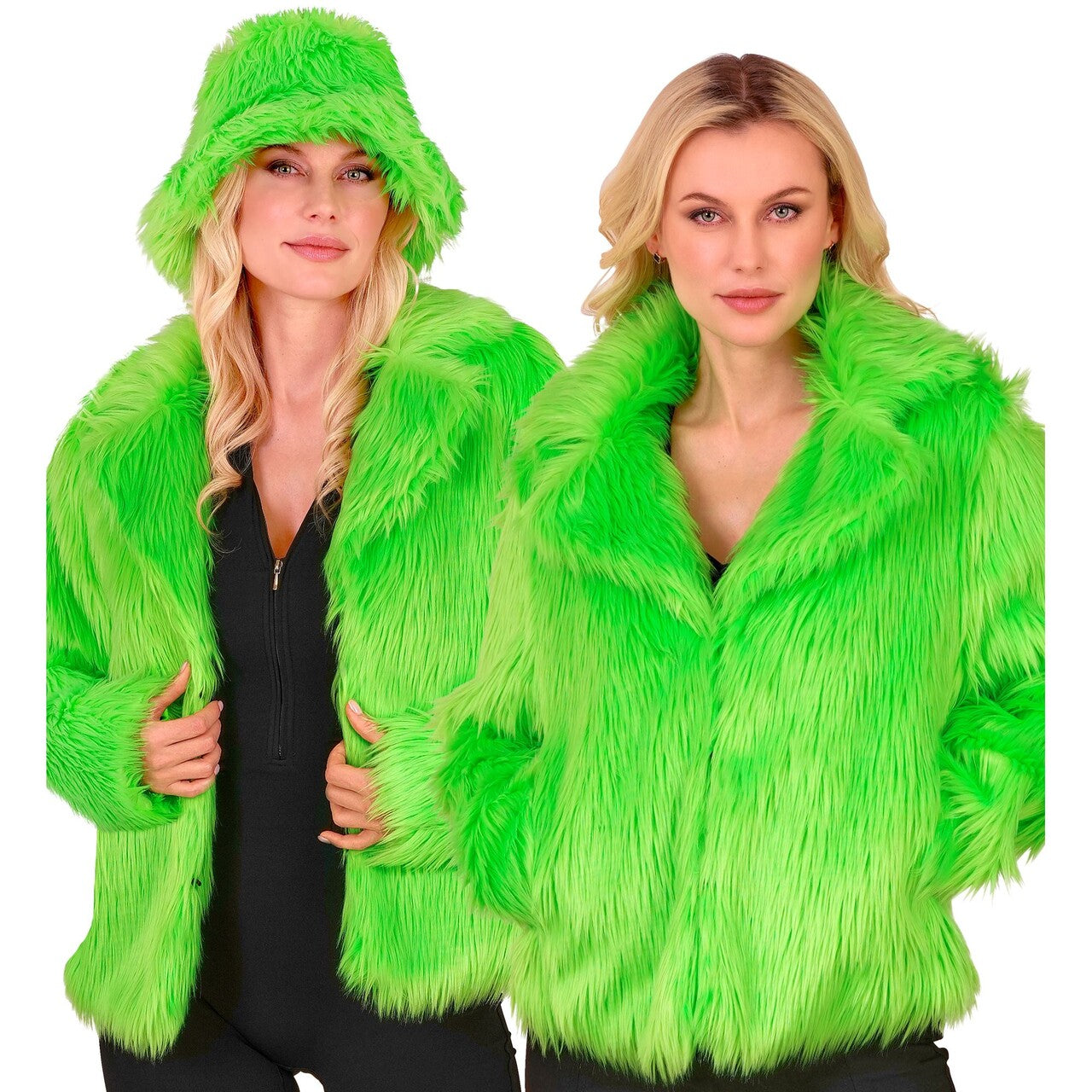 Op deze afbeelding zie je een Kostuums, van het merk Widmann. Neon Groene Bontjas Kikkergroen Vrouw