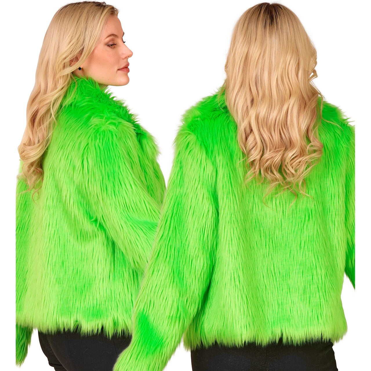 Op deze afbeelding zie je een Kostuums, van het merk Widmann. Neon Groene Bontjas Kikkergroen Vrouw