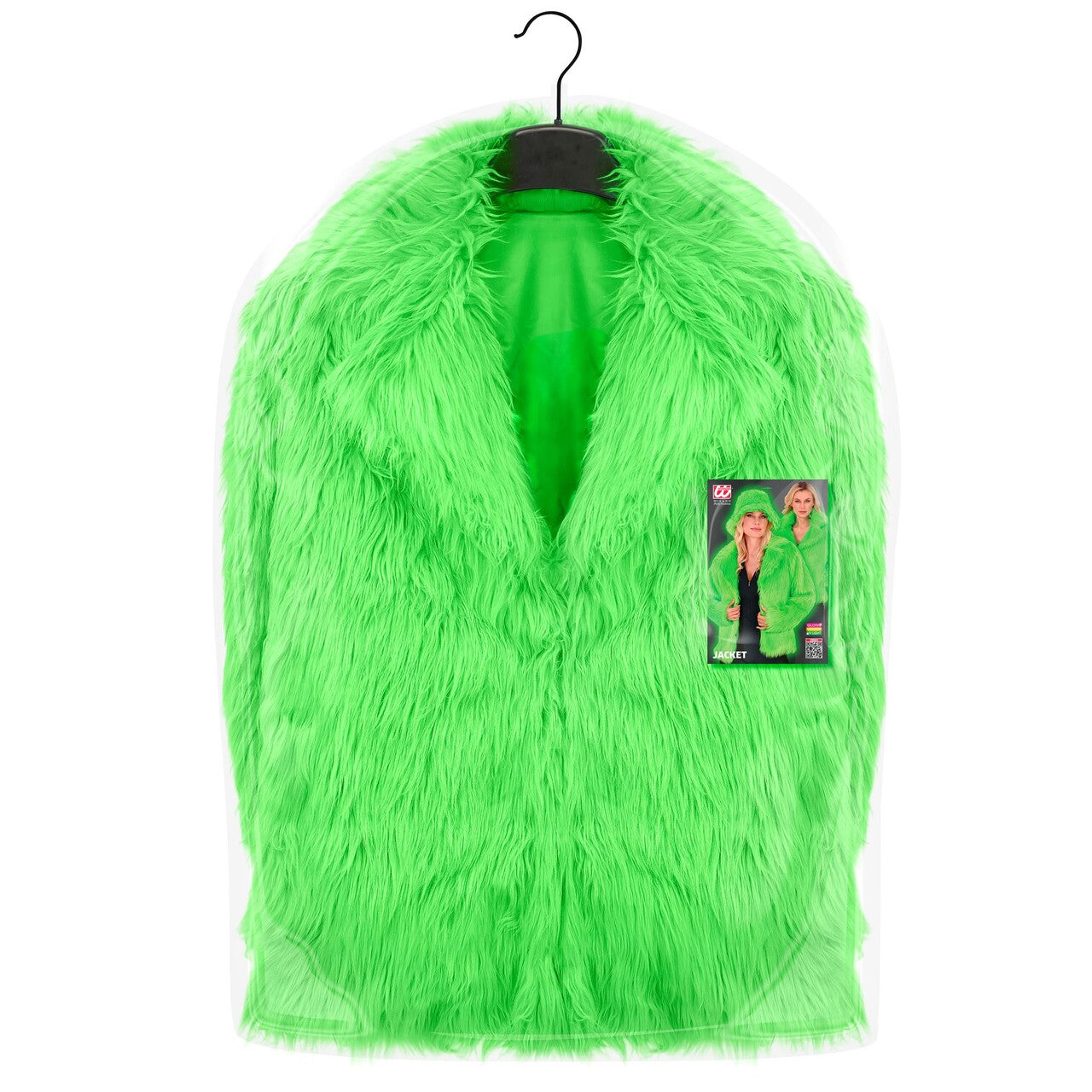 Op deze afbeelding zie je een Kostuums, van het merk Widmann. Neon Groene Bontjas Kikkergroen Vrouw