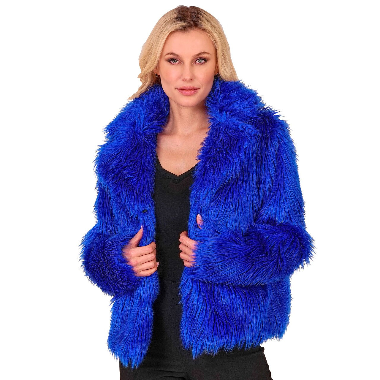 Op deze afbeelding zie je een Kostuums, van het merk Widmann. Kobalt Blauwe Bontjas Vrouw